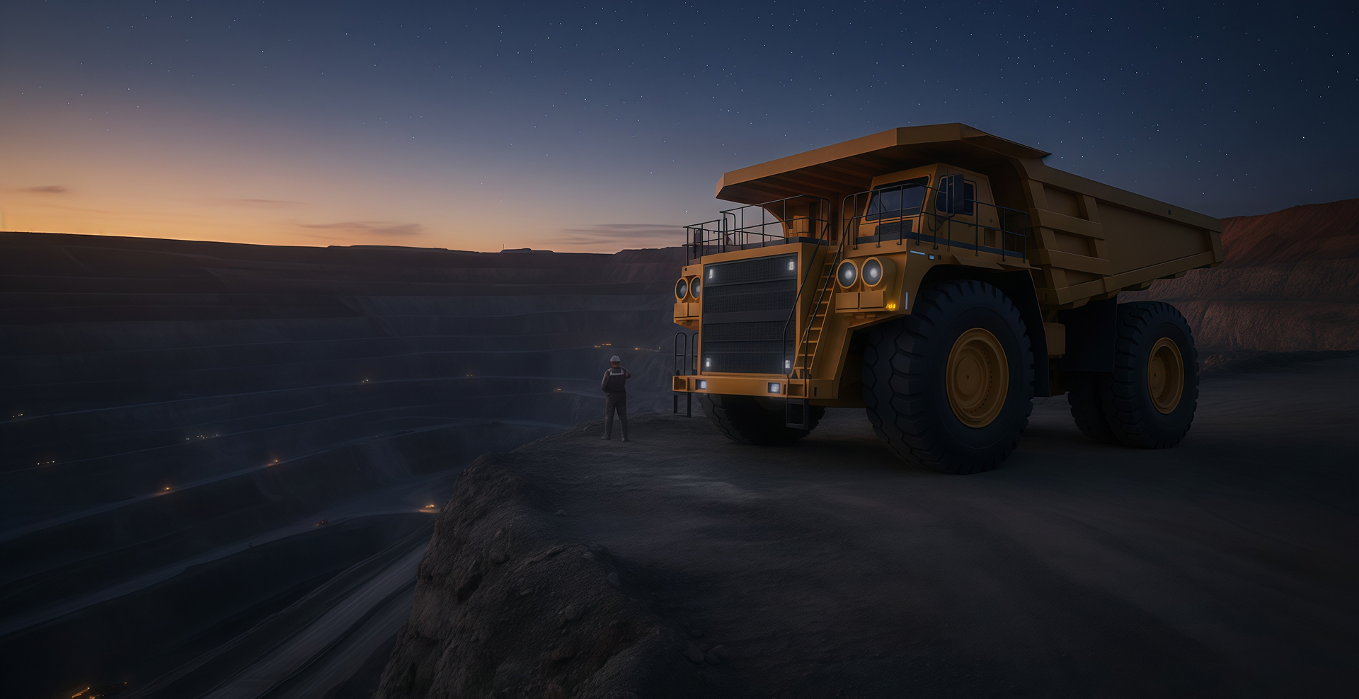 Massive yellow mining haul truck at the edge of an open-pit mine under a night sky.